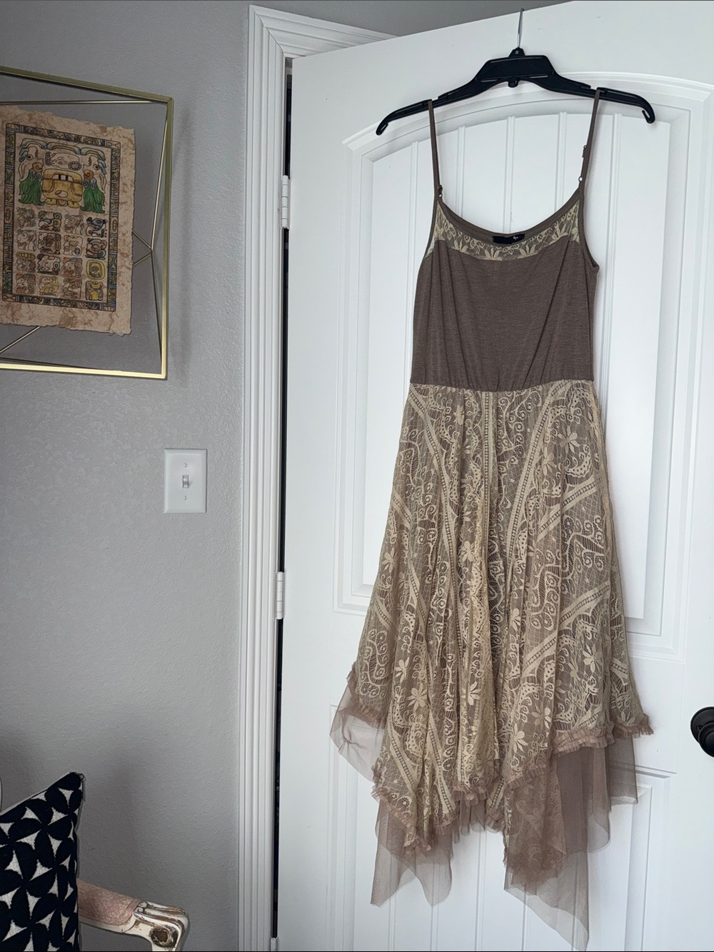 Rye Brown Lace-Overlay Asymmetrical Handkerchief Hem Dress